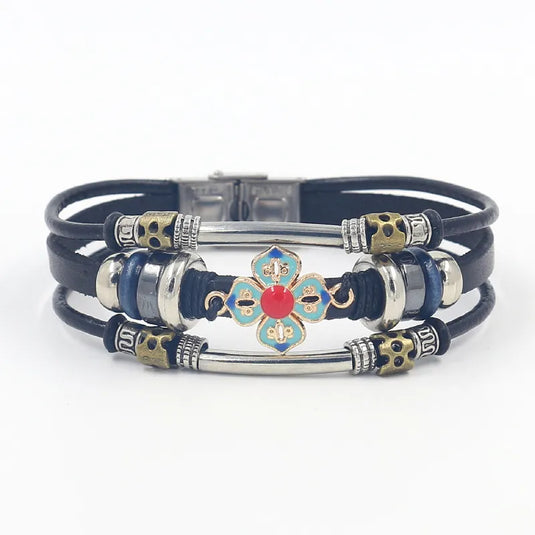 NIHBC22 - One Piece Black Multi Layer Bracelet With Floral Medallion