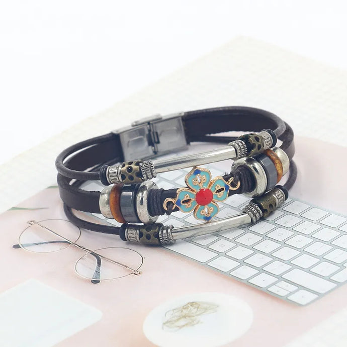 NIHBC23 - One Piece Brown Multi Layer Bracelet With Floral Medallion