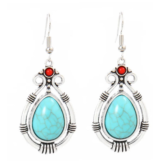 NIHER149 - Geometric Water Drop Earrings W/ Turquoise and Red Inlay