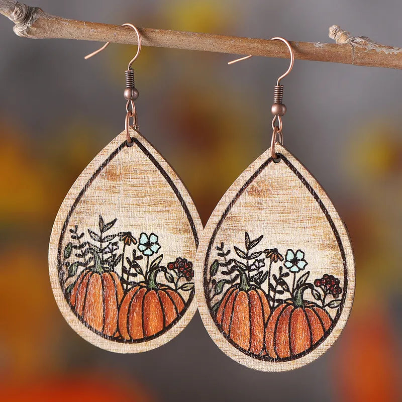 Load image into Gallery viewer, NIHER84 - Fall Pumpkin Teardrop Wooden Earrings

