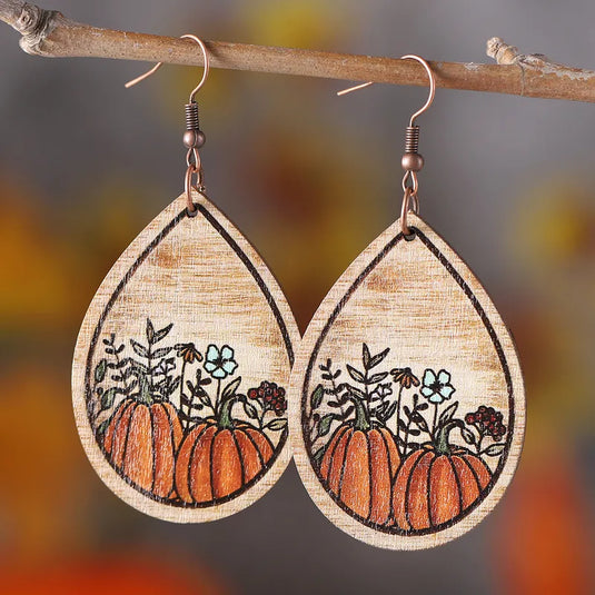 NIHER84 - Fall Pumpkin Teardrop Wooden Earrings