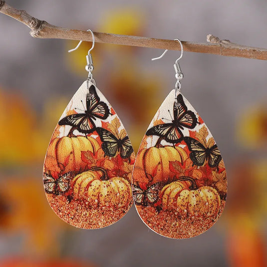 NIHER80 - PU Leather Tear Drop Fall Pumpkin Earrings