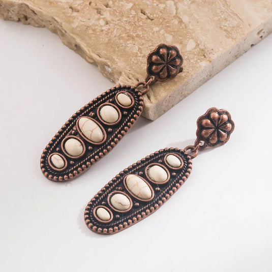 NIHER156 - Asymmetrical Flower Drop Earrings W/ White Oval Inlay
