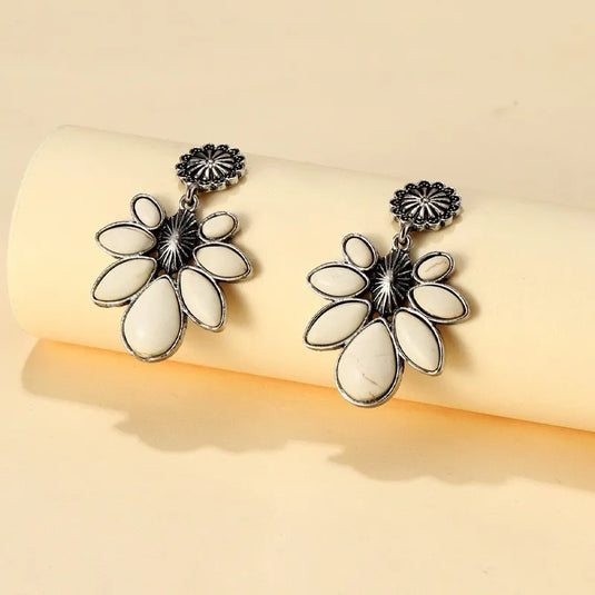 NIHER119 - Ethnic White Turquoise Drop Earrings