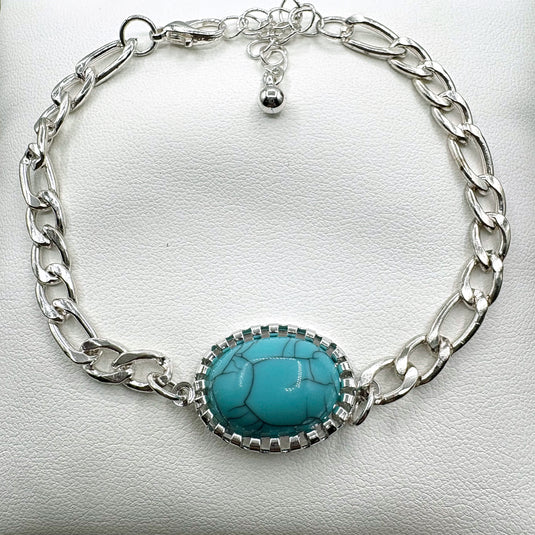 NIHBC14 - Oval Turquoise Cuban Link Chain Bracelet