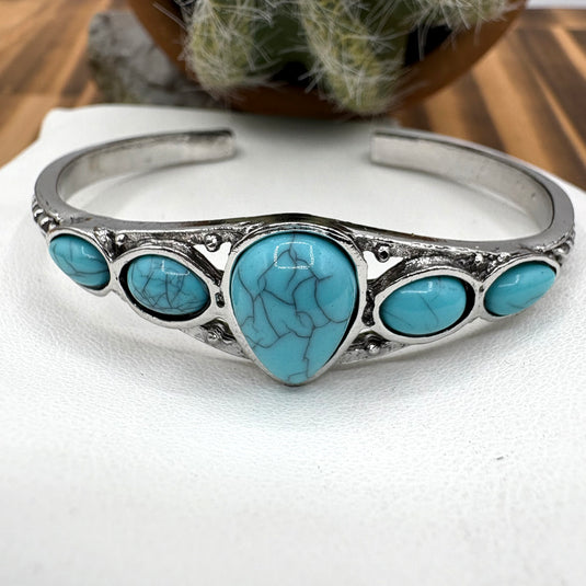 NIHBC43 - Metal Multi Stone Teardrop Turquoise Bangle Bracelet