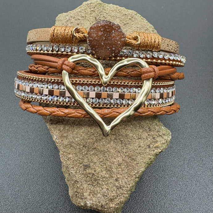 NIHBC57 - Dark Coffee Multi Layer Heart PU Leather Bracelet