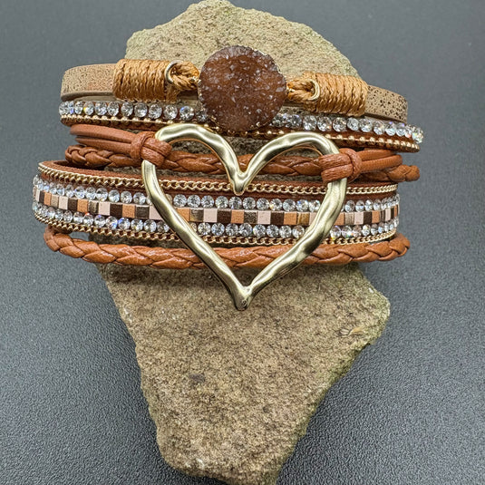 NIHBC57 - Dark Coffee Multi Layer Heart PU Leather Bracelet