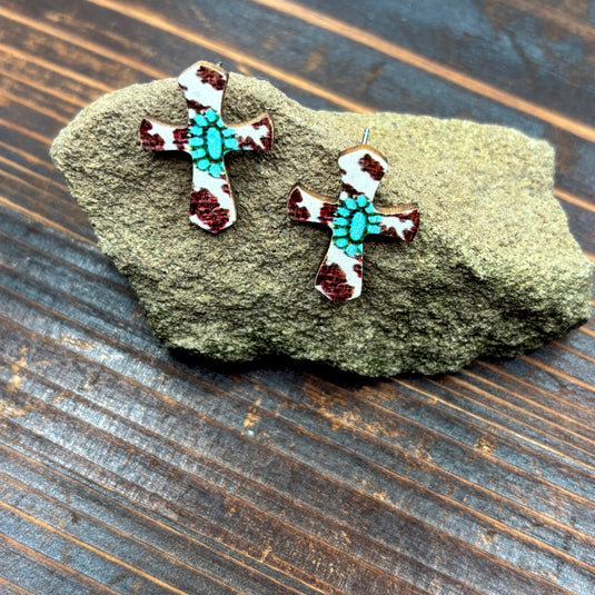 NIHER102 - Cow Print Turquoise Cross Wooden Stud Earrings