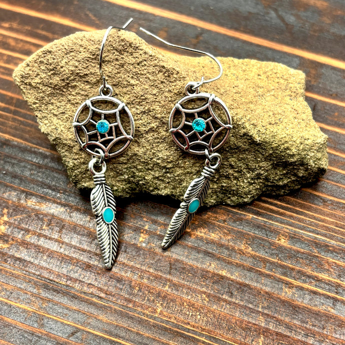 NIHER9 - Oval Spokes Feather Drop Turquoise Earrings