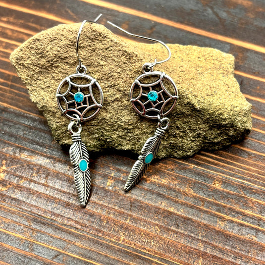 NIHER9 - Oval Spokes Feather Drop Turquoise Earrings