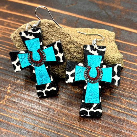 NIHER76 - Retro Cross Wood Drop Earrings