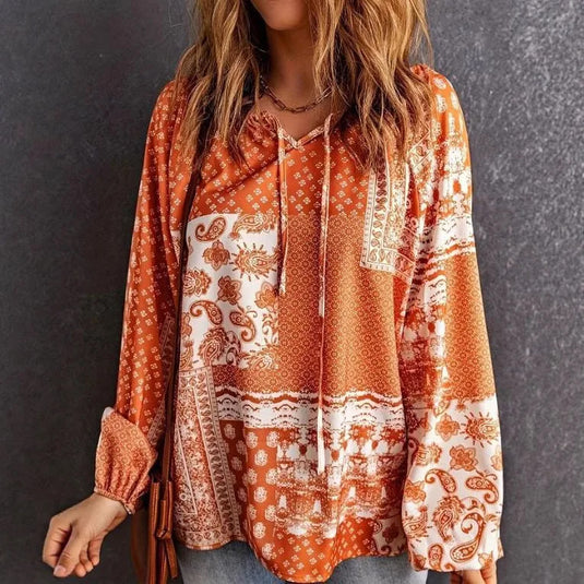 NIHTS54 - Ladies Orange Boho V Neck Long Sleeve Shirt