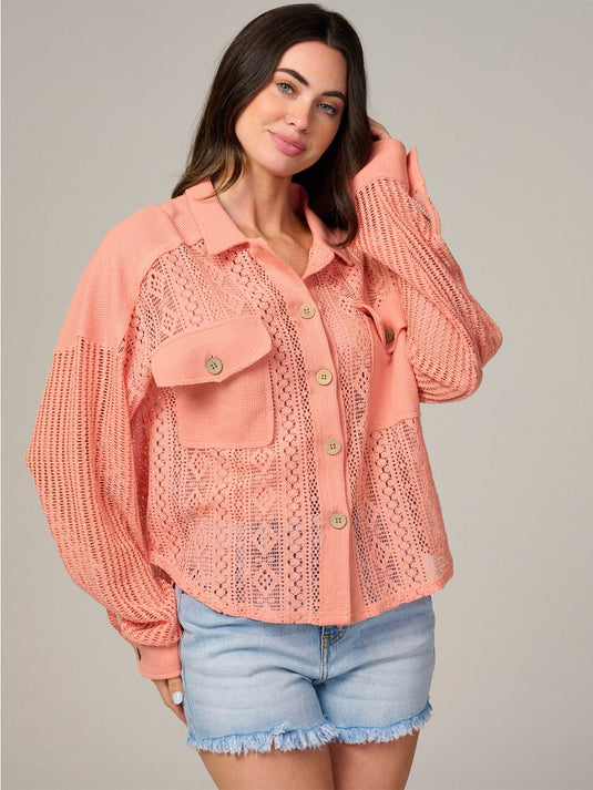 WFT 33 - WOMEN'S LONG SLEEVE BUTTON UP FRONT POCKETS KNIT BLOUSE