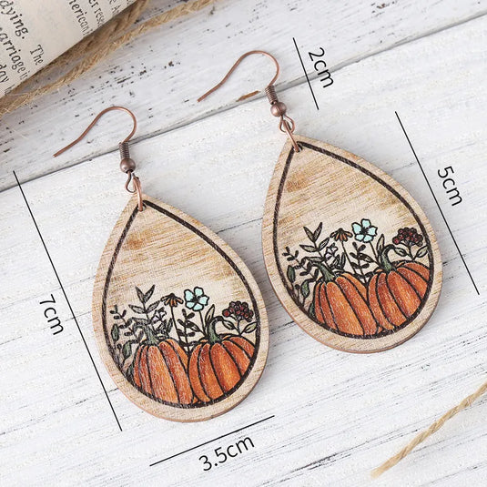 NIHER84 - Fall Pumpkin Teardrop Wooden Earrings