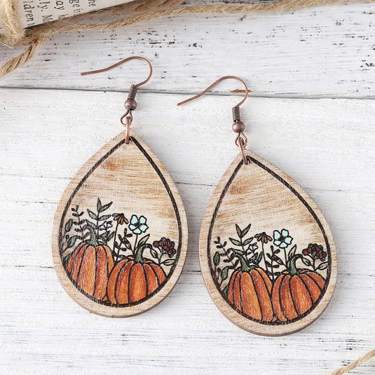 NIHER84 - Fall Pumpkin Teardrop Wooden Earrings