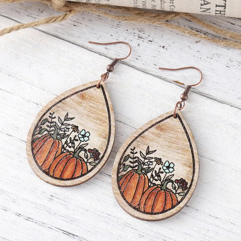 Load image into Gallery viewer, NIHER84 - Fall Pumpkin Teardrop Wooden Earrings

