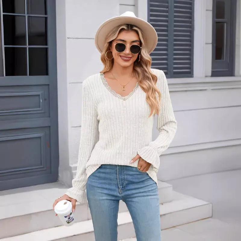 Load image into Gallery viewer, NIHTS38 - Ladies White Ribbed V Neck W/Lace Knitted Shirt
