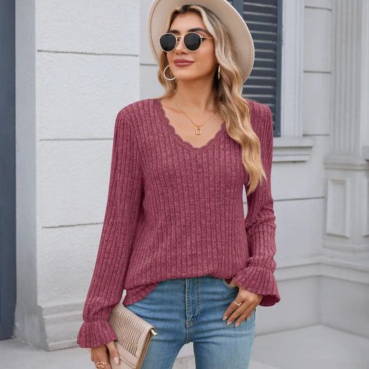 NIHTS40 - Ladies Burgundy Ribbed V Neck W/Lace Knitted Shirt
