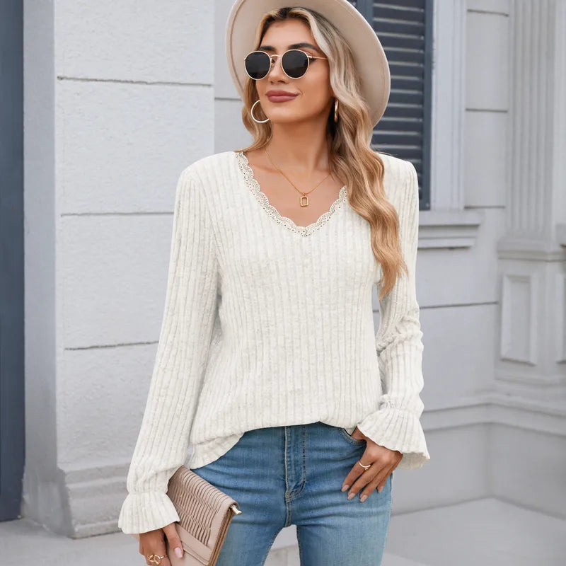 Load image into Gallery viewer, NIHTS38 - Ladies White Ribbed V Neck W/Lace Knitted Shirt
