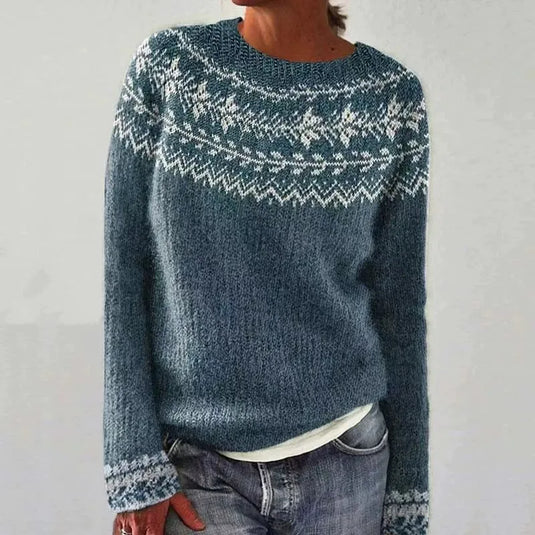 NIHTS63 - Ladies Denim Blue Round Neck Loose Fit Sweater