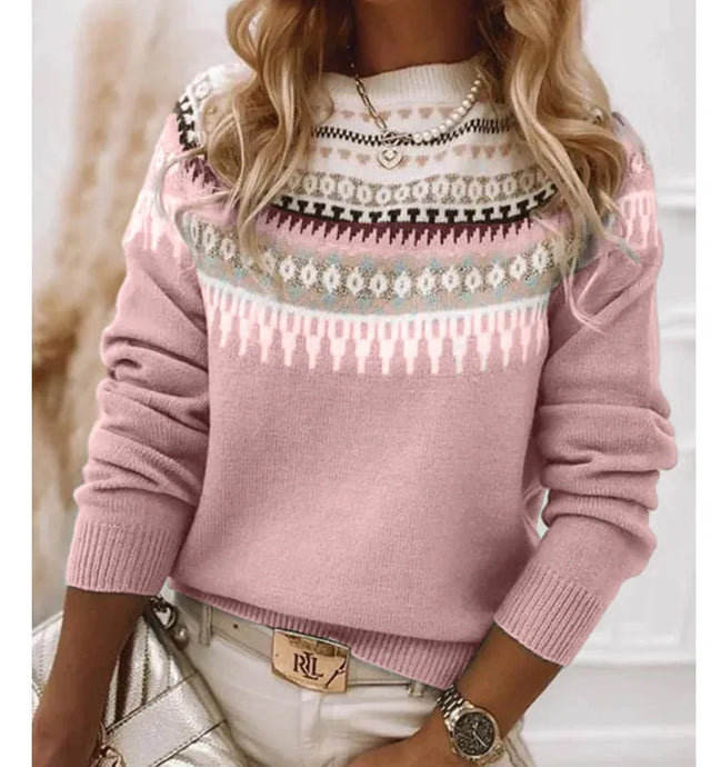 NIHTS29 - Ladies Pink Round Neck Loose Pullover Sweater