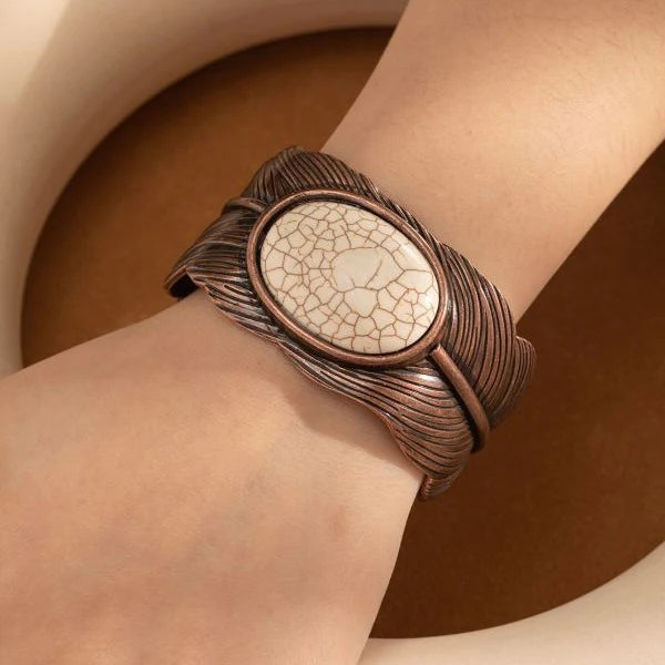 Load image into Gallery viewer, ACCBC 17 - Boho White Stone Wide Engraved Bangle Bracelet
