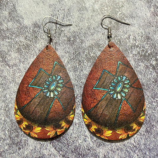 NIHER88 - PU Leather Cross & Sunflowers Teardrop Earrings