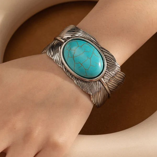 Load image into Gallery viewer, ACCBC 18 - Boho Turquoise Stone Wide Engraved Bangle Bracelet
