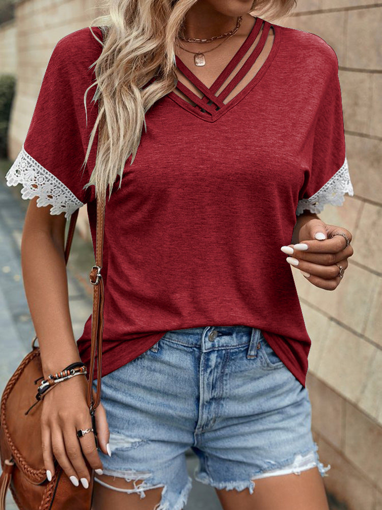 Load image into Gallery viewer, NIHTS22 - Ladies Wine Red Short Sleeve Lace T Shirt
