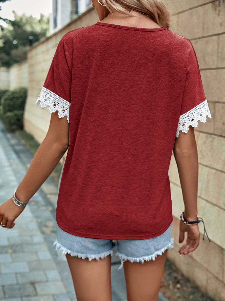 Load image into Gallery viewer, NIHTS22 - Ladies Wine Red Short Sleeve Lace T Shirt
