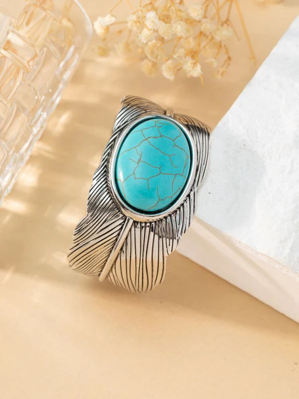 Load image into Gallery viewer, ACCBC 18 - Boho Turquoise Stone Wide Engraved Bangle Bracelet
