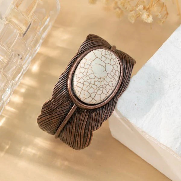 Load image into Gallery viewer, ACCBC 17 - Boho White Stone Wide Engraved Bangle Bracelet
