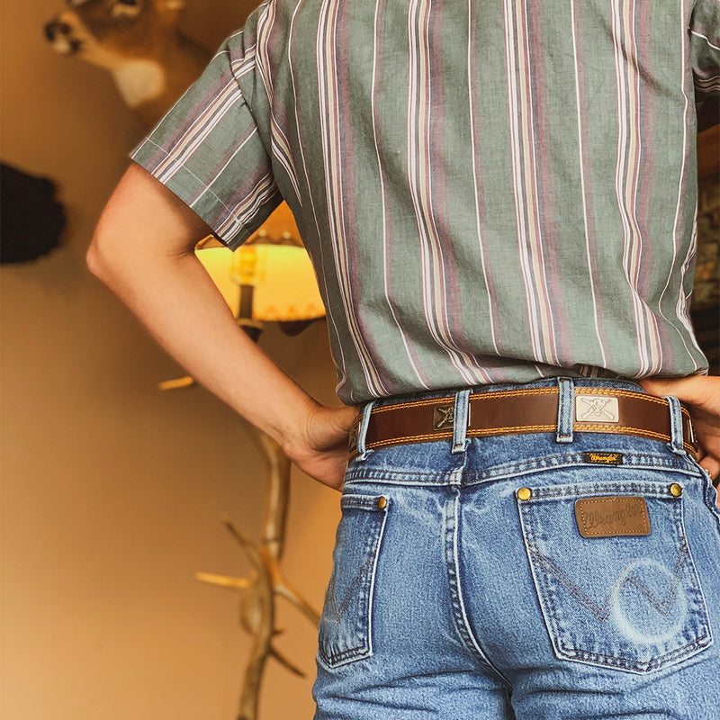 Load image into Gallery viewer, OUT1001 - Leather OUTLAW Belt with YELLOW stitching and Outlaw Conchos
