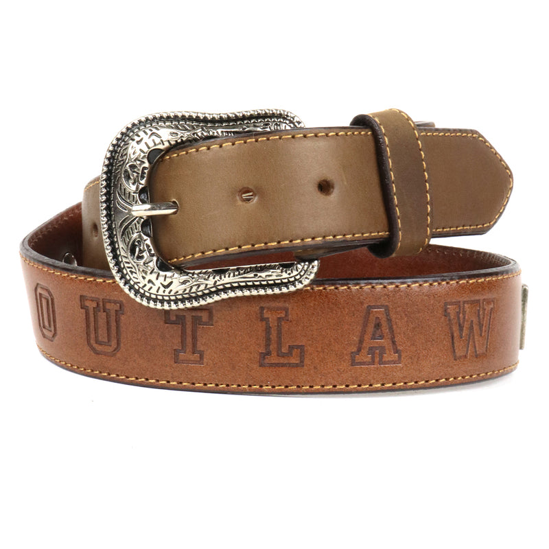 Load image into Gallery viewer, OUT1002 - Distressed Leather OUTLAW Belt with Conchos &amp; &quot;OUTLAW&quot; Stamped in Back
