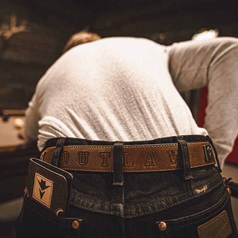 Distressed Leather Outlaw Belt with Conchos Outlaw Stamped in Back