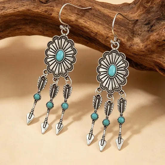 Load image into Gallery viewer, NIHER124 - Oval Silver Arrow Drop Earrings W/ Turquoise Inlay
