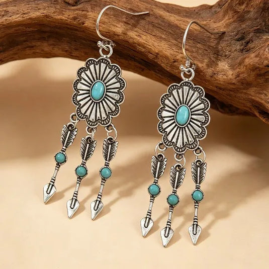 NIHER124 - Oval Silver Arrow Drop Earrings W/ Turquoise Inlay