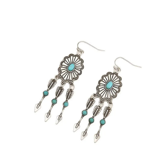 NIHER124 - Oval Silver Arrow Drop Earrings W/ Turquoise Inlay
