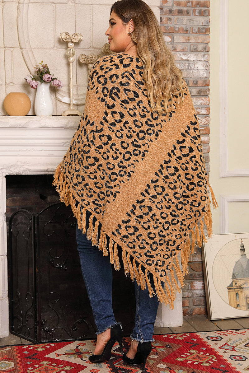 Load image into Gallery viewer, DLLS97 - Leopard Plus Size Tasseled Hem Draped Poncho
