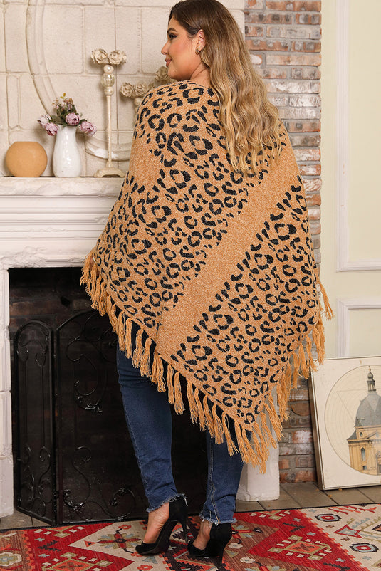 DLLS97 - Leopard Plus Size Tasseled Hem Draped Poncho