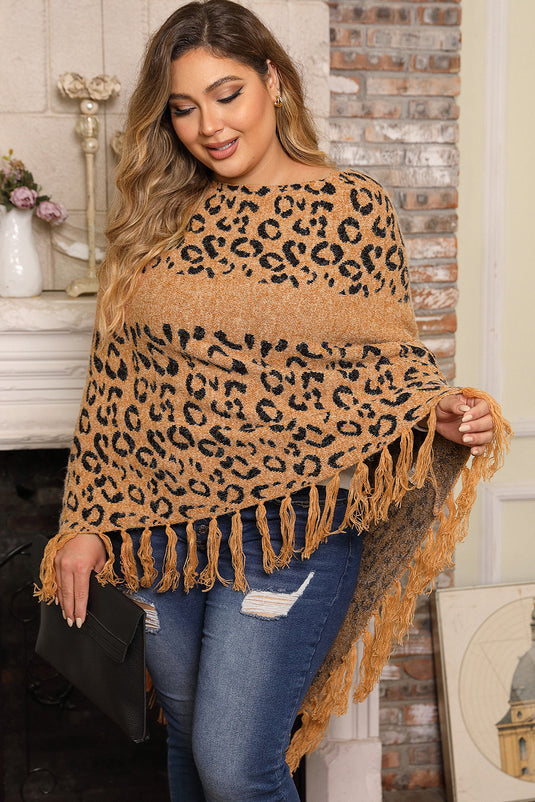 DLLS97 - Leopard Plus Size Tasseled Hem Draped Poncho