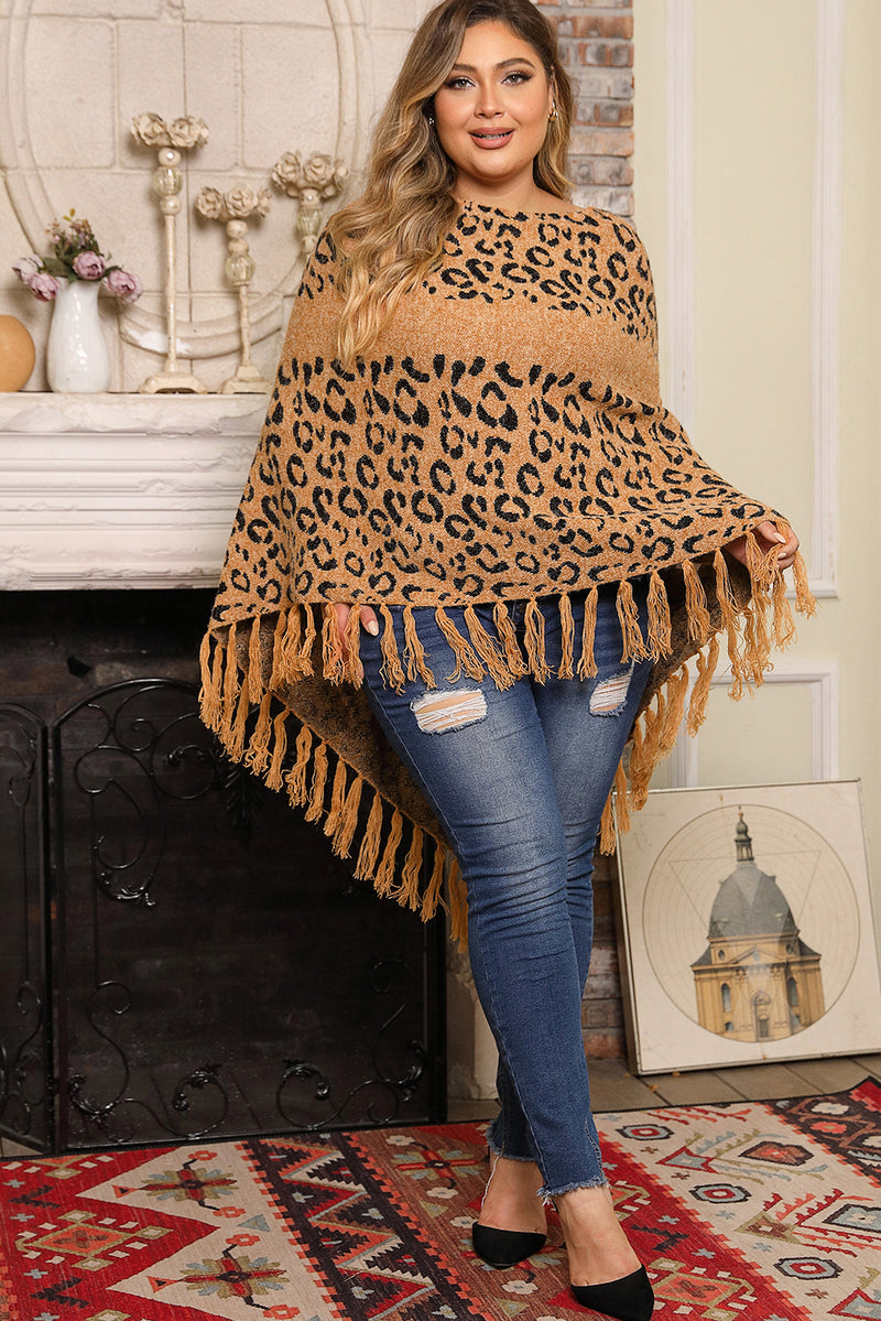 Load image into Gallery viewer, DLLS97 - Leopard Plus Size Tasseled Hem Draped Poncho
