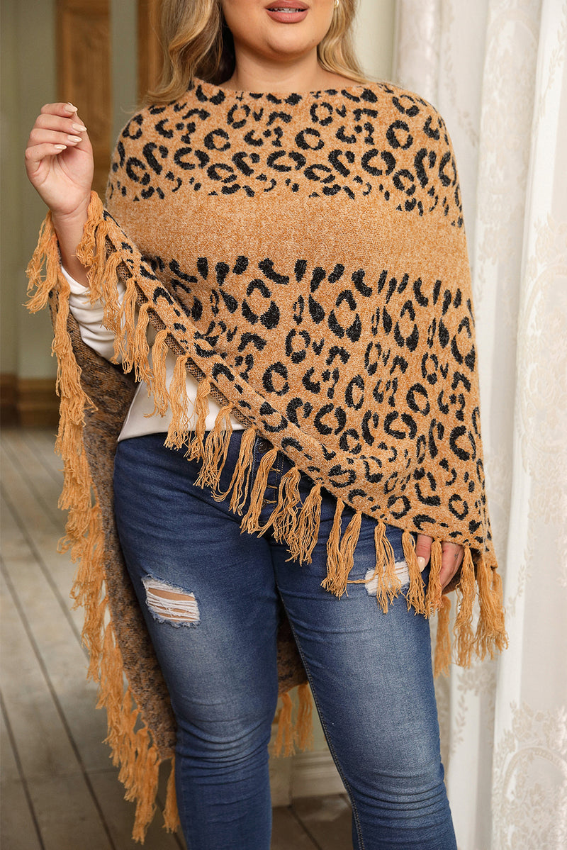 Load image into Gallery viewer, DLLS97 - Leopard Plus Size Tasseled Hem Draped Poncho
