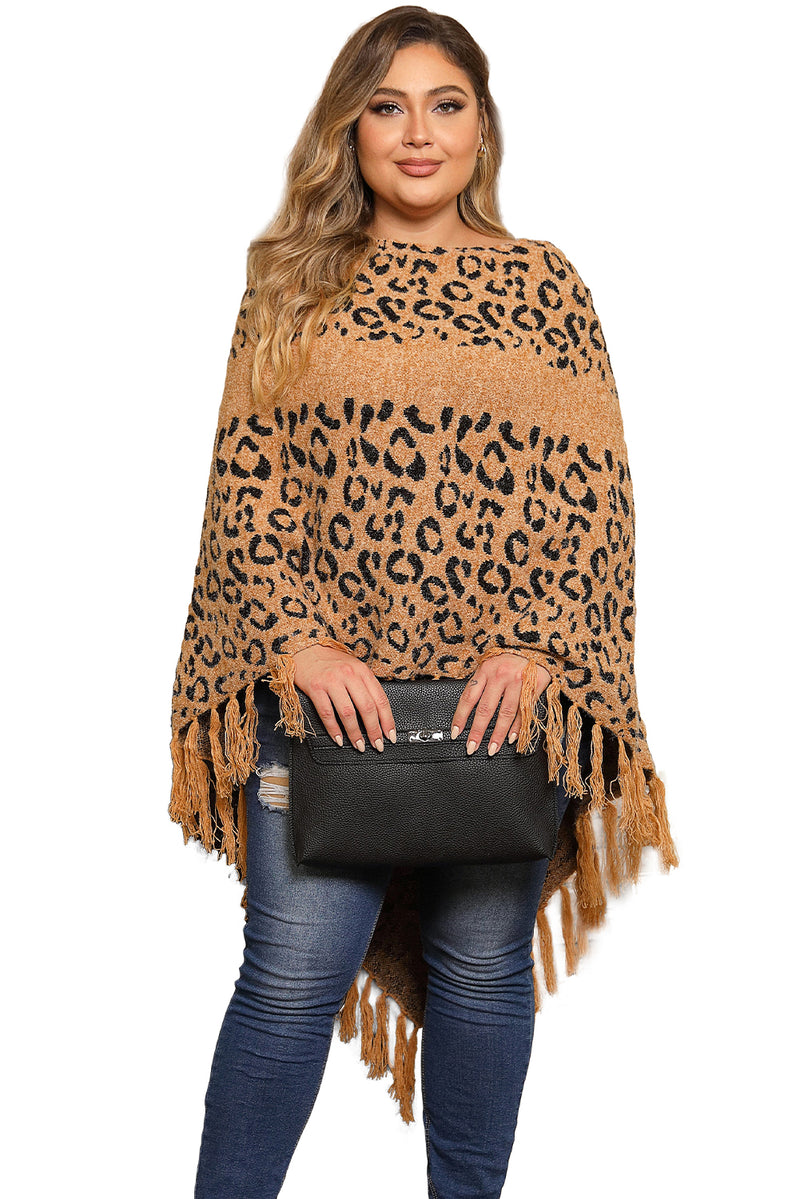 Load image into Gallery viewer, DLLS97 - Leopard Plus Size Tasseled Hem Draped Poncho
