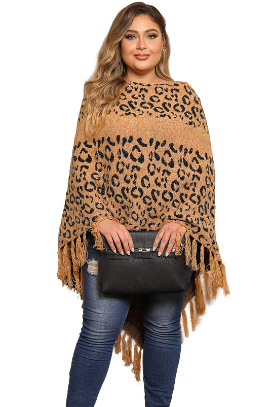 DLLS97 - Leopard Plus Size Tasseled Hem Draped Poncho