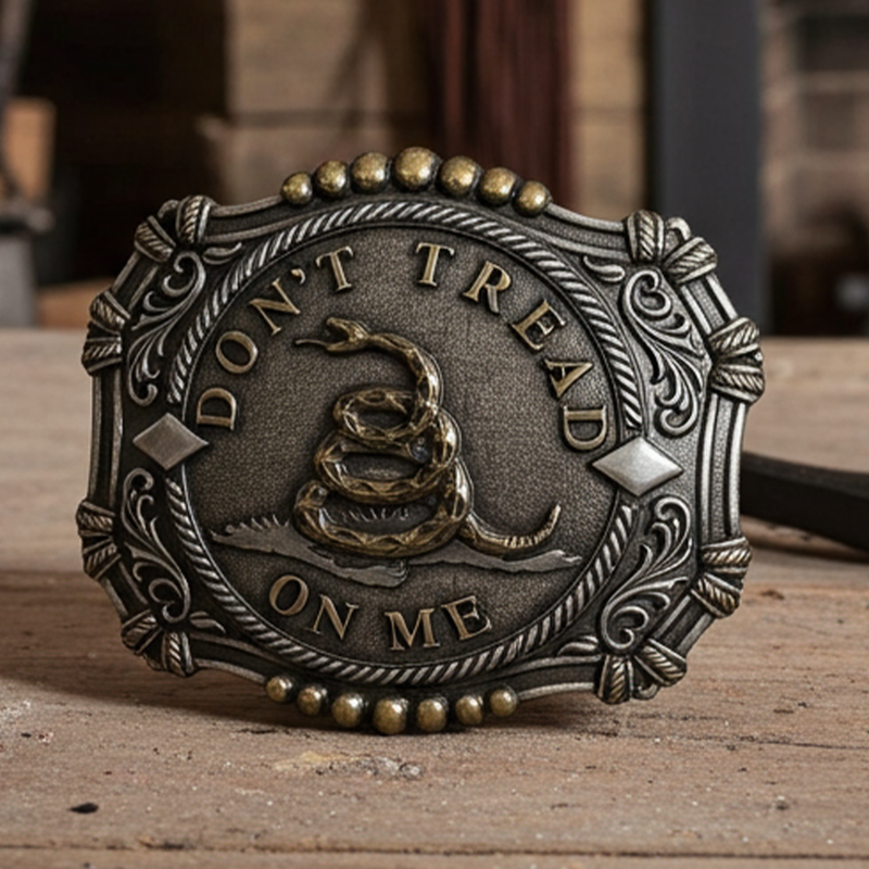 Load image into Gallery viewer, RLB012 - RockinLeather Antique Silver/Gold Don&#39;t Tread On Me Belt Buckle
