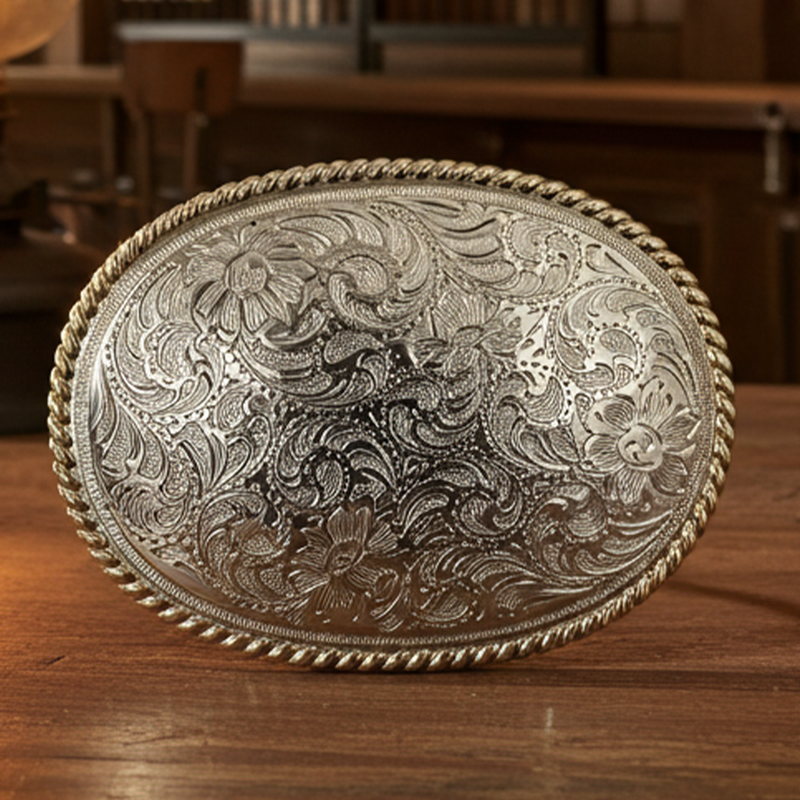 Load image into Gallery viewer, RLB501 - RockinLeather Silver Scrolled Oval Buckle with Gold Edge

