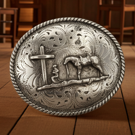 RLB502 - RockinLeather Silver Cowboy Prayer Oval Buckle