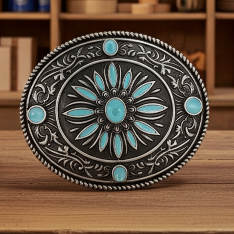 Load image into Gallery viewer, RLB505 - RockinLeather Nickle Turquoise Burst Belt Buckle
